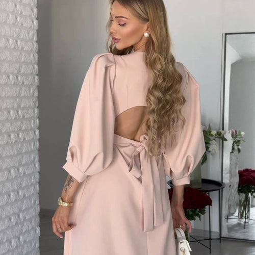 Damen Midikleid mit offenem Rückenausschnitt, voluminösen Puffärmeln und Bindegürtel Shop Nory