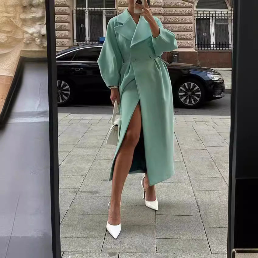 Damen Maxi-Wickelmantel mit seitlichem Schlitz und Ballonärmeln Shop Nory