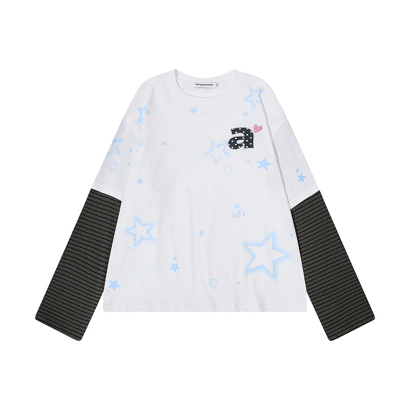 Damen Layered-Langarmshirt mit gestreiften Einsatzärmeln, Stern-Print und Applikation Shop Nory