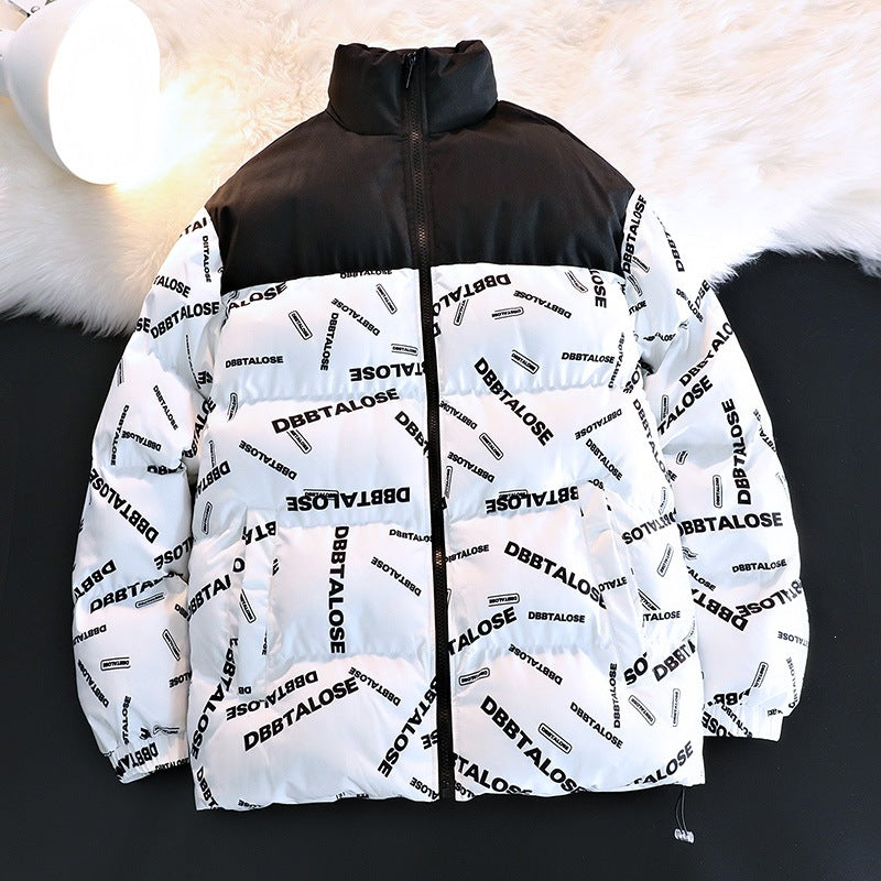 Unisex Gepolsterte Steppjacke mit Allover‑Logoprint, hohem Stehkragen & verstellbarem Saum Shop Nory