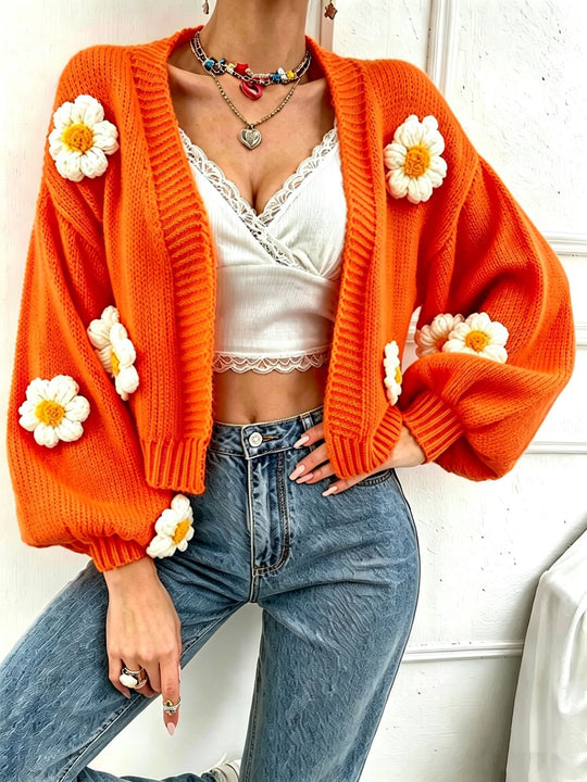 Damen Kurzgeschnittener Grobstrick-Cardigan mit 3D-Blütenapplikationen Shop Nory