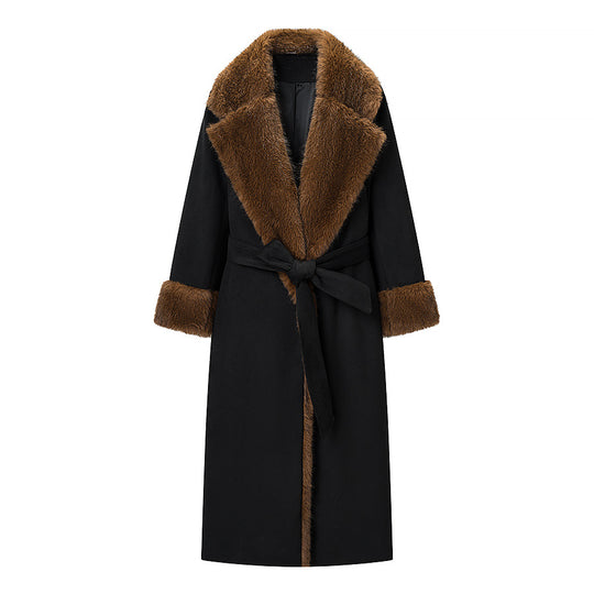 Damen Taillierter Maxi-Mantel mit Kunstfell-Schalkragen und Bindegürtel Shop Nory