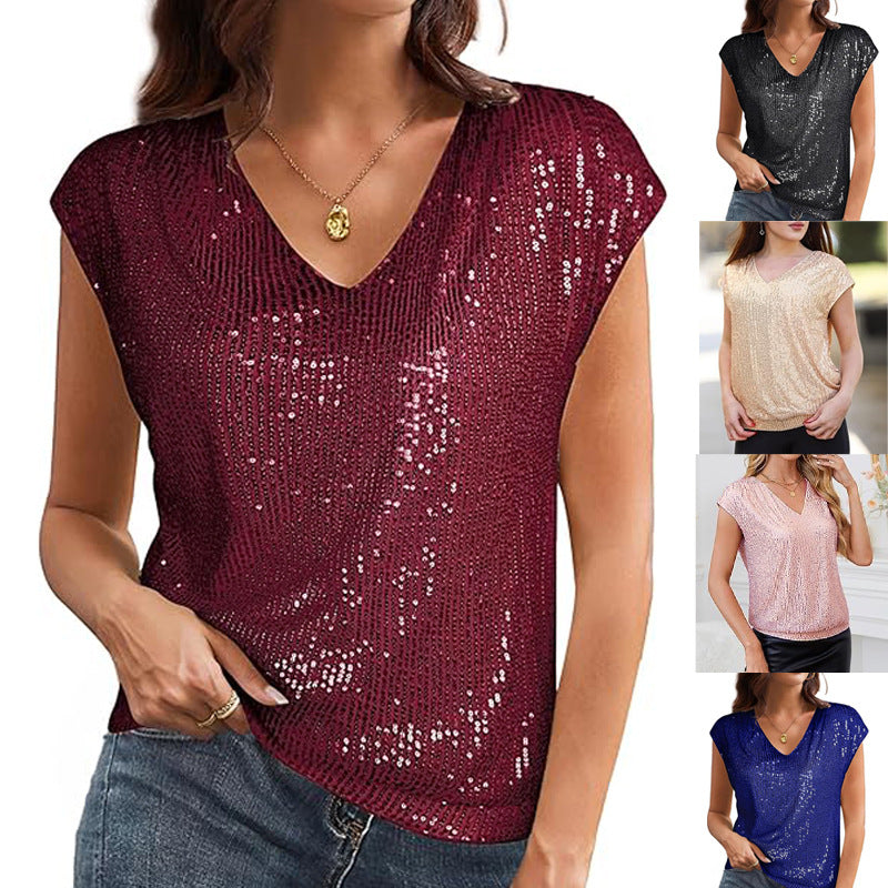 Damen Ärmelloses Pailletten-Top mit V-Ausschnitt und gerafftem Saum Shop Nory