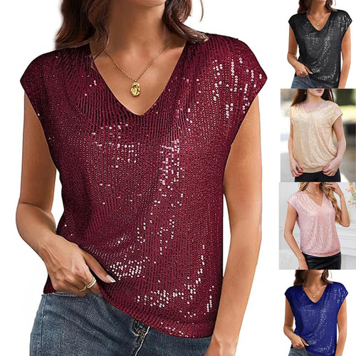 Damen Ärmelloses Pailletten-Top mit V-Ausschnitt und gerafftem Saum Shop Nory