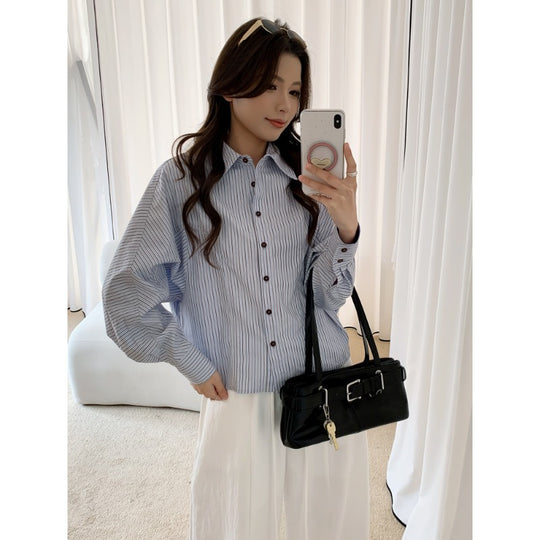 Damen Oversized Hemdbluse mit Streifenmuster und Ballonärmeln Shop Nory