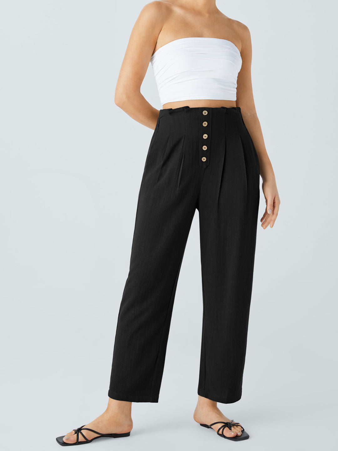 Damen Hochtaillierte Bundfalten-Leinenhose mit dekorativer Knopfleiste Shop Nory