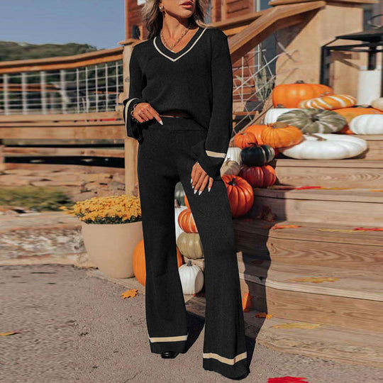 Damen Lässiger Strickanzug mit weitem Bein und V-Ausschnitt Shop Nory