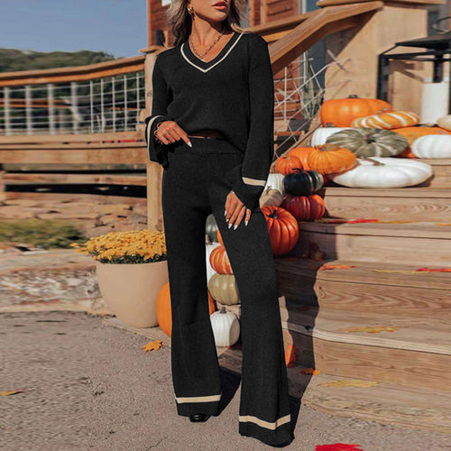 Damen Lässiger Strickanzug mit weitem Bein und V-Ausschnitt Shop Nory