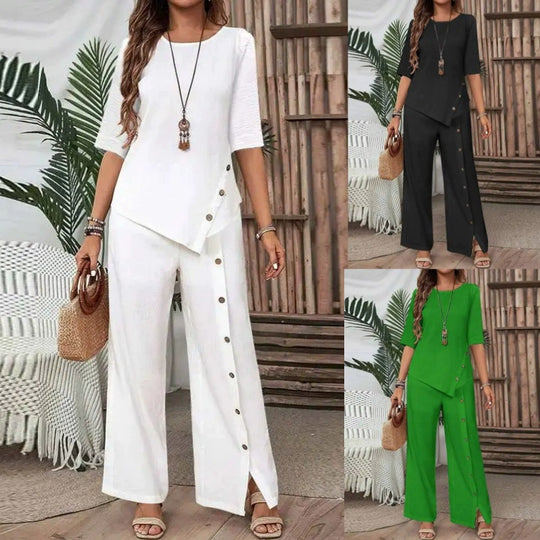 Damen asymmetrisches zweiteiliges Lounge-Set mit 3/4-Ärmeln und seitlicher Knopfverzierung Shop Nory