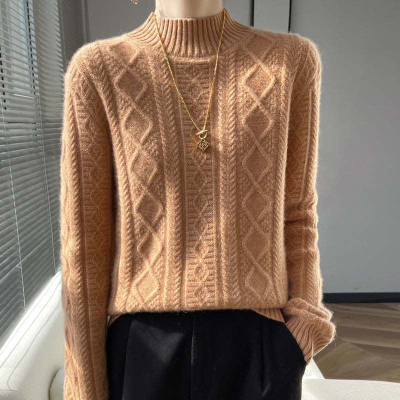 Damen Kuscheliger Mohair‑Optik Mockneckpullover mit Rautenzopfstruktur und kastiger Silhouette Shop Nory