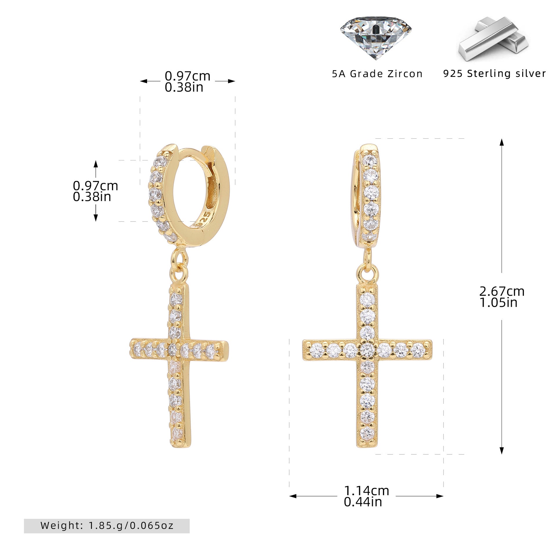 Damen Ohrringe mit Kreuzanhänger aus 925 Sterling Silber und Zirkonia Shop Nory