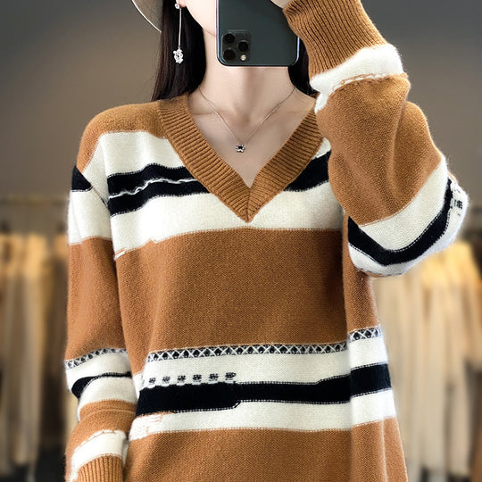 Damen Oversize-Strickpullover mit V‑Ausschnitt und grafischem Streifenmix Shop Nory