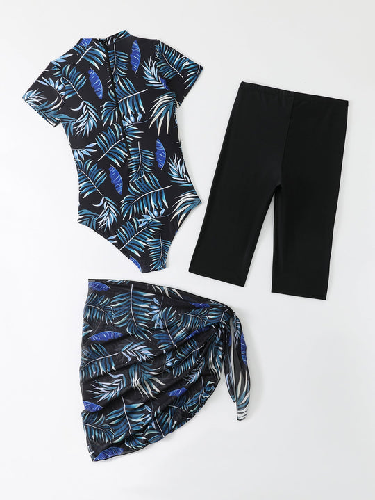 Damen Sportlicher Einteiler Badeanzug mit ergänzenden Leggings und Wickelrock
