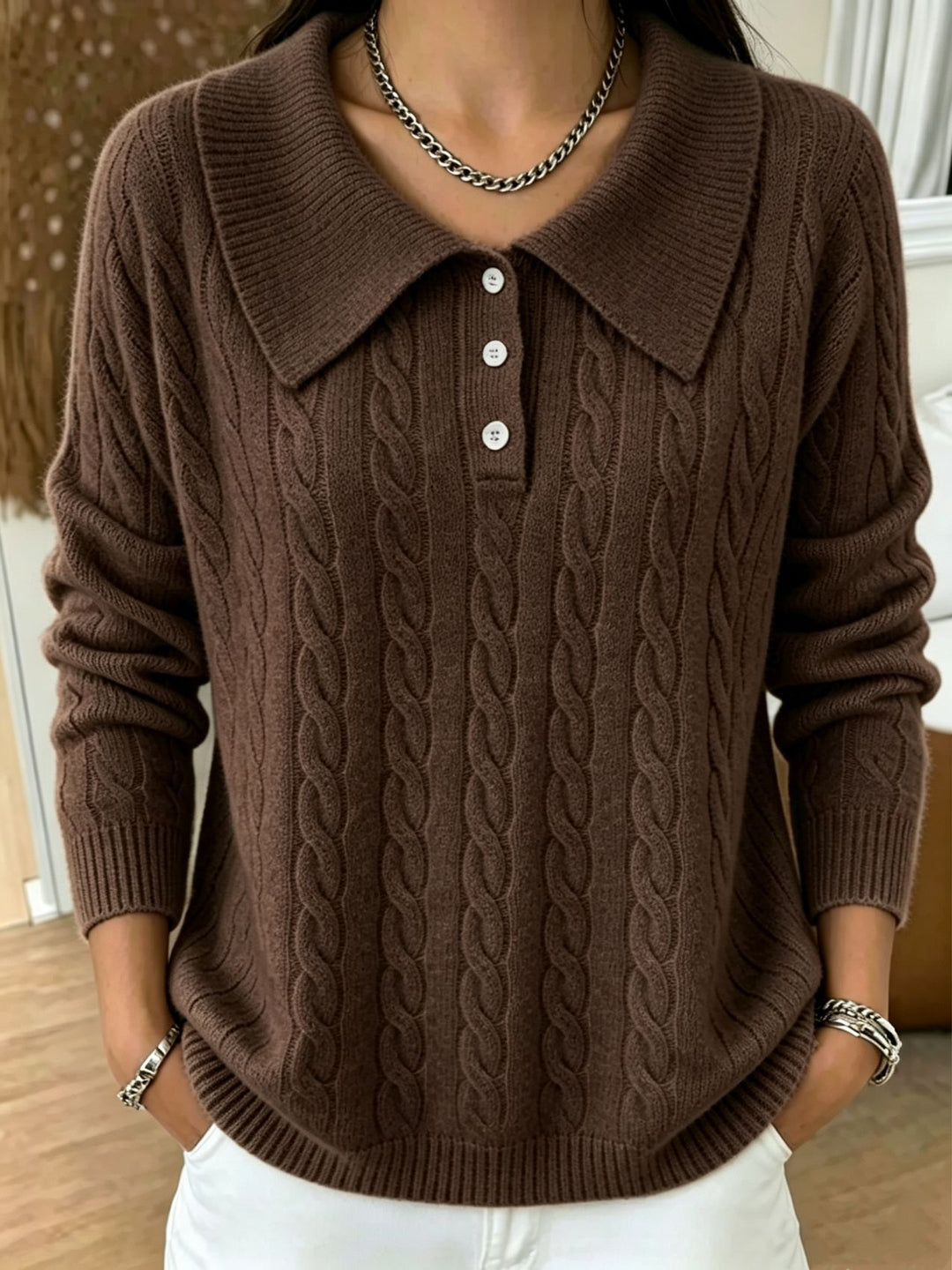 Damen Kabelstrick-Polo-Pullover mit großem Umlegekragen und lockerer Silhouette Shop Nory