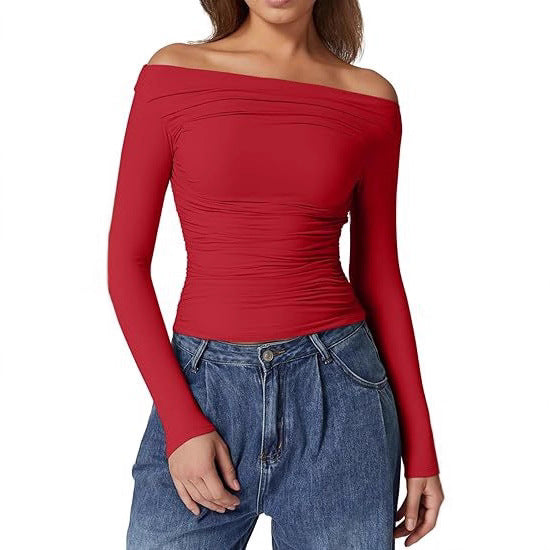 Damen Schulterfreies tailliertes Stretch-Longsleeve mit Raffung und figurbetonter Silhouette Shop Nory