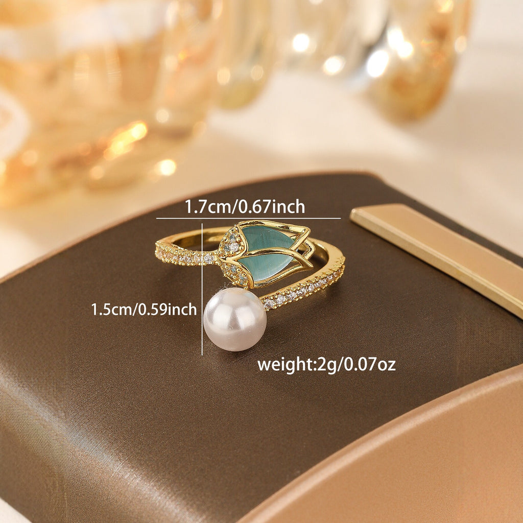 Damen Eleganter Ring mit Blumenmotiv und Perle Shop Nory