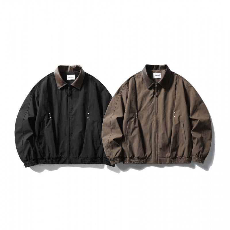 Herren Locker geschnittene Zip-Jacke mit Kontrastkragen aus Lederimitat und elastischem Saum Shop Nory