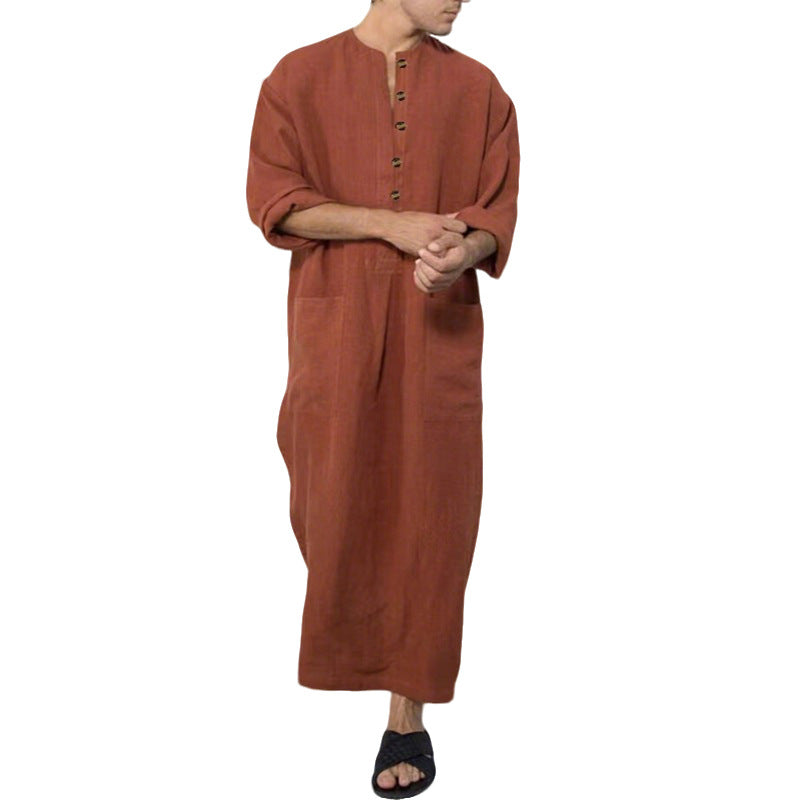 Herren nan weites langes Tunika-Kaftan aus atmungsaktivem Leinen mit Stehkragen Knopfblende und aufgesetzten Taschen