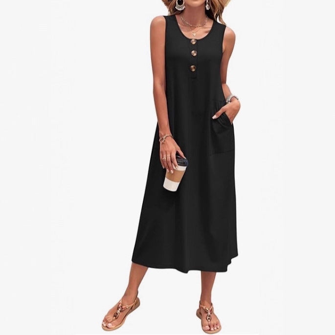 Damen Lässiges Midikleid mit Taschen und Knopfdetails Shopnory