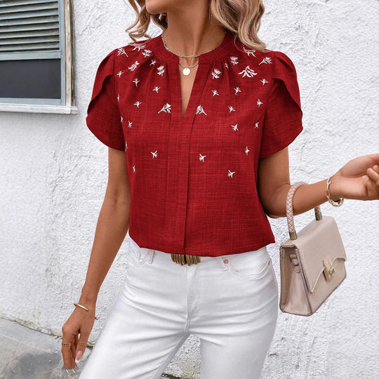 Damen Kurzbluse aus Leinenoptik mit Stehkragen, Zierfalte und floraler Stickerei Shop Nory