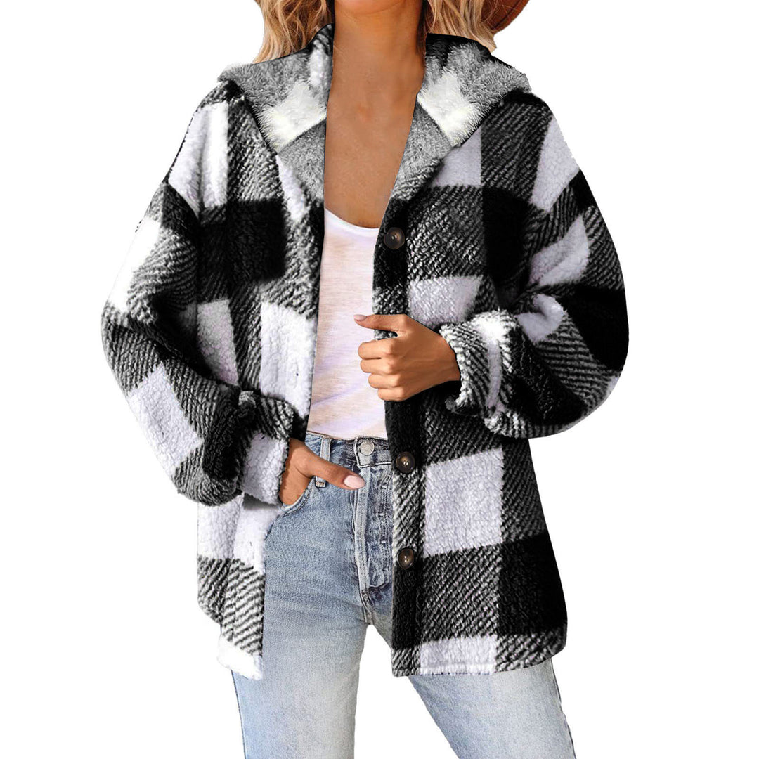 Damen nan kuschelige karierte Teddyjacke mit Kapuze, Knopfverschluss und oversized Schnitt Shop Nory