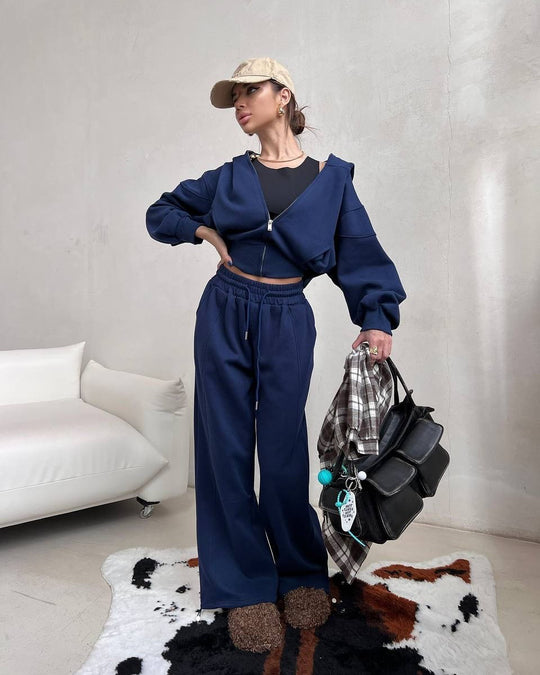 Damen kurzes Kapuzen-Sweatjacke mit Balloonärmeln und elastischer High-Waist Palazzo-Freizeithose Shop Nory