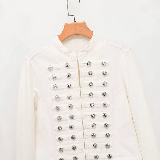 Damen Jeansjacke im Militärstil mit Stehkragen und dekorativen Zierknopfleisten Shop Nory