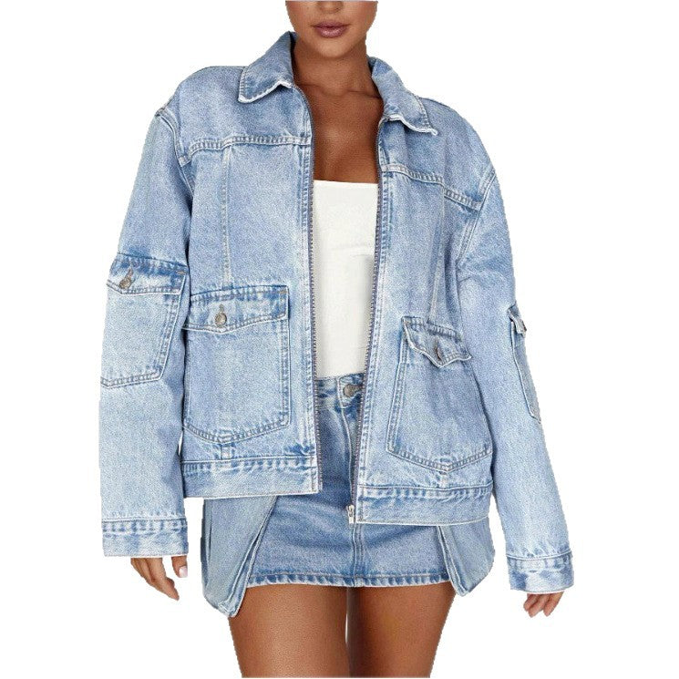 Damen Oversize Utility-Denimjacke mit großen Pattentaschen und Reißverschluss Shop Nory
