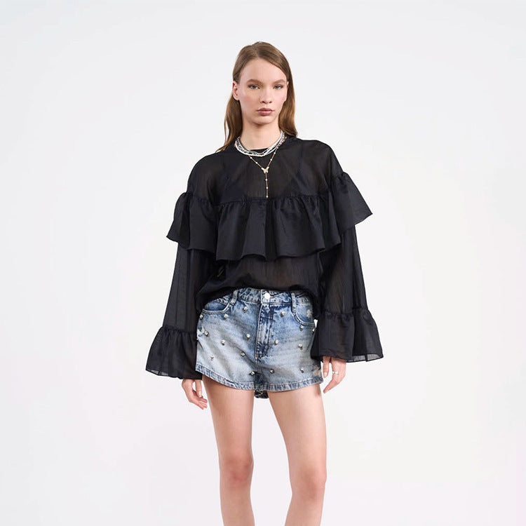 Damen Transparente Volantbluse mit doppelter Rüsche und Glockenärmeln Shop Nory