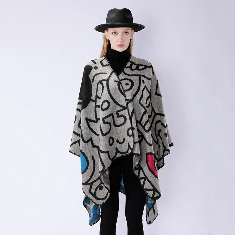 Damen Oversize-Poncho im künstlerischen Print mit zweifarbiger Kantenverarbeitung und asymmetrischem Zipfelsaum Shop Nory