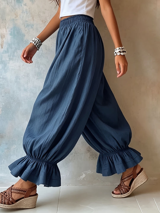 Damen Weite Haremshose mit Gummizug, gerafften Beinen und Volant-Saum Shop Nory
