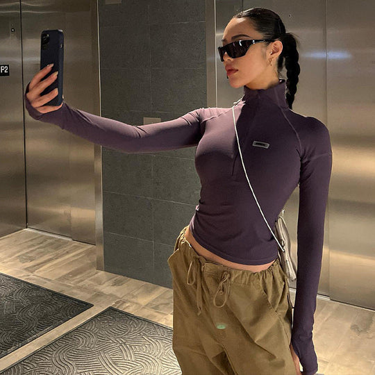 Damen figurbetontes Longsleeve Shirt mit Stehkragen und Reißverschluss