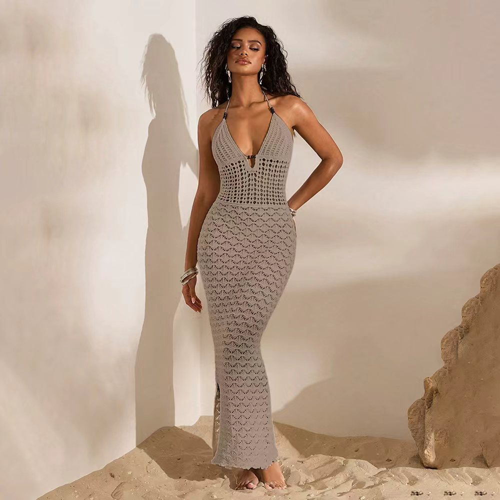 Damen elegantes gehäkeltes Strandkleid mit tiefem V-Ausschnitt