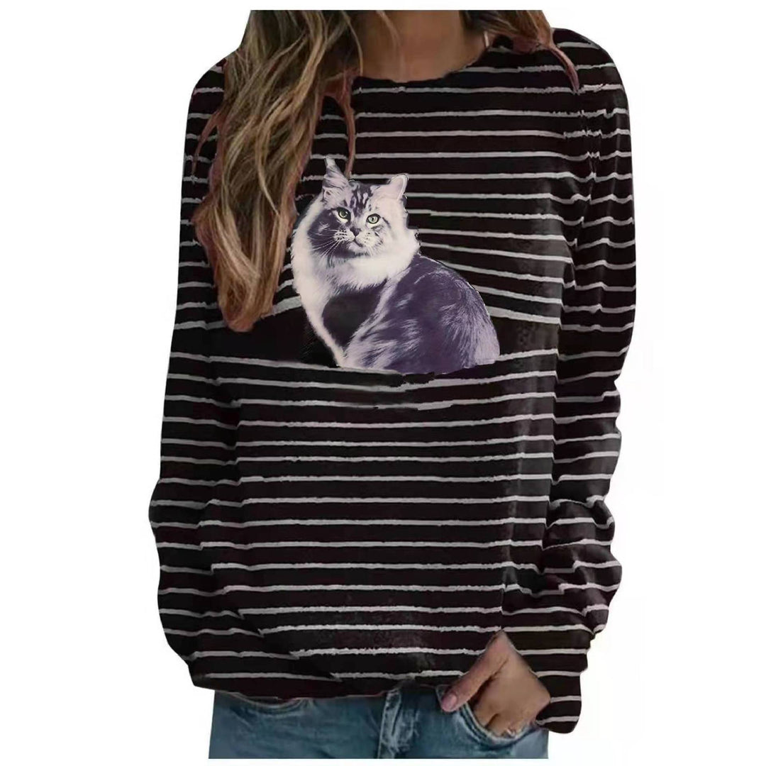 Damen nan lässiger Streifenpullover mit fotorealistischer Katzentasche und Rundhalsausschnitt Shop Nory