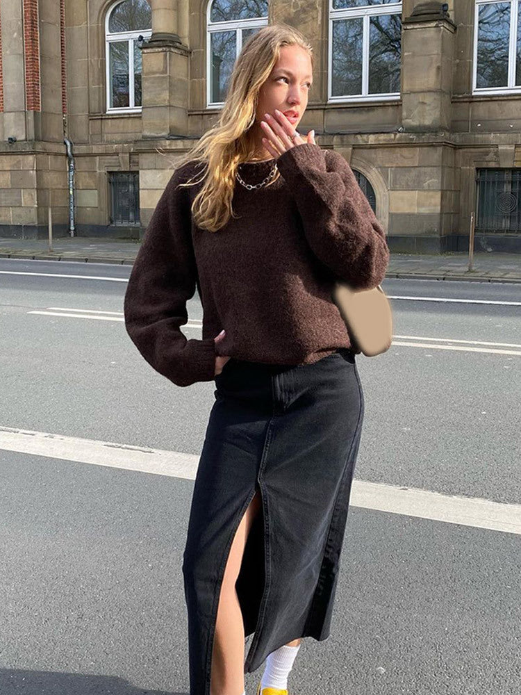 Damen Denim-Midirock mit hoher Taille, Frontschlitz und geradem Schnitt Shop Nory