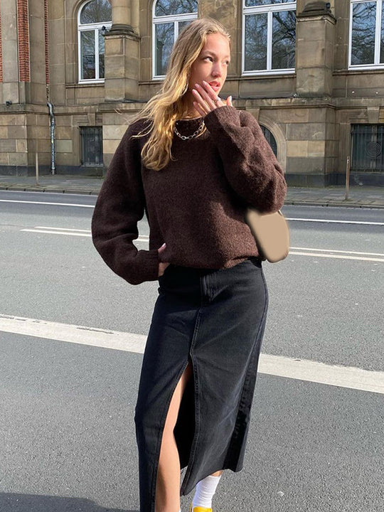 Damen Denim-Midirock mit hoher Taille, Frontschlitz und geradem Schnitt Shop Nory