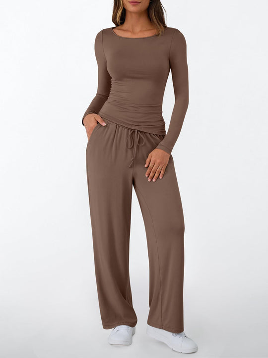 Damen Figurnahes Langarm-Shirt und Palazzo-Jerseyhose Loungewear-Set Shop Nory