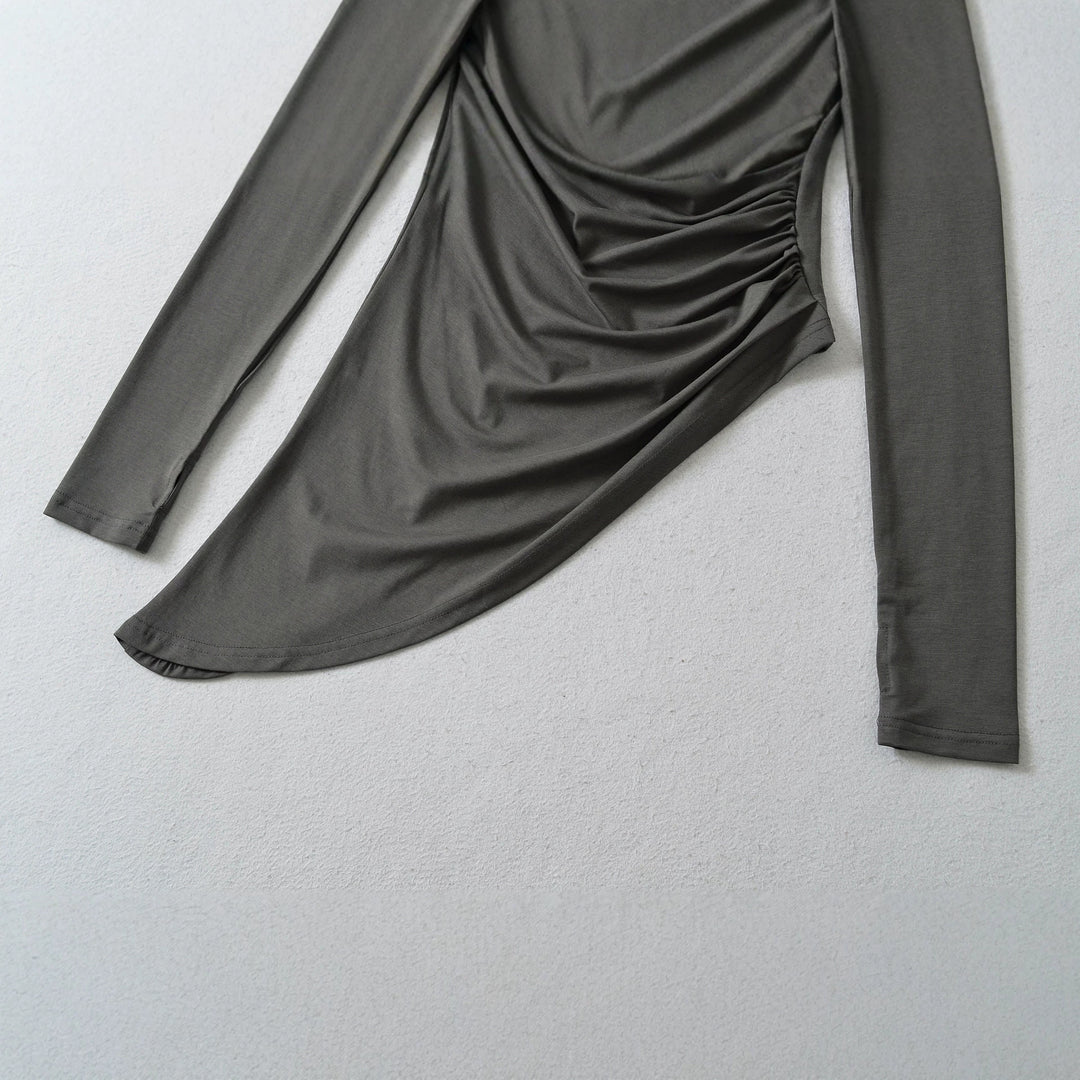 Damen Figurbetontes Langarm-Midikleid mit asymmetrischem Saum, Raffung und Neckholder Shop Nory