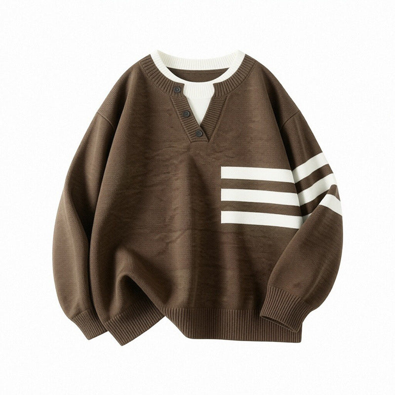 Damen Sportlicher Oversize Pullover mit Knopfleiste und Streifen Shop Nory