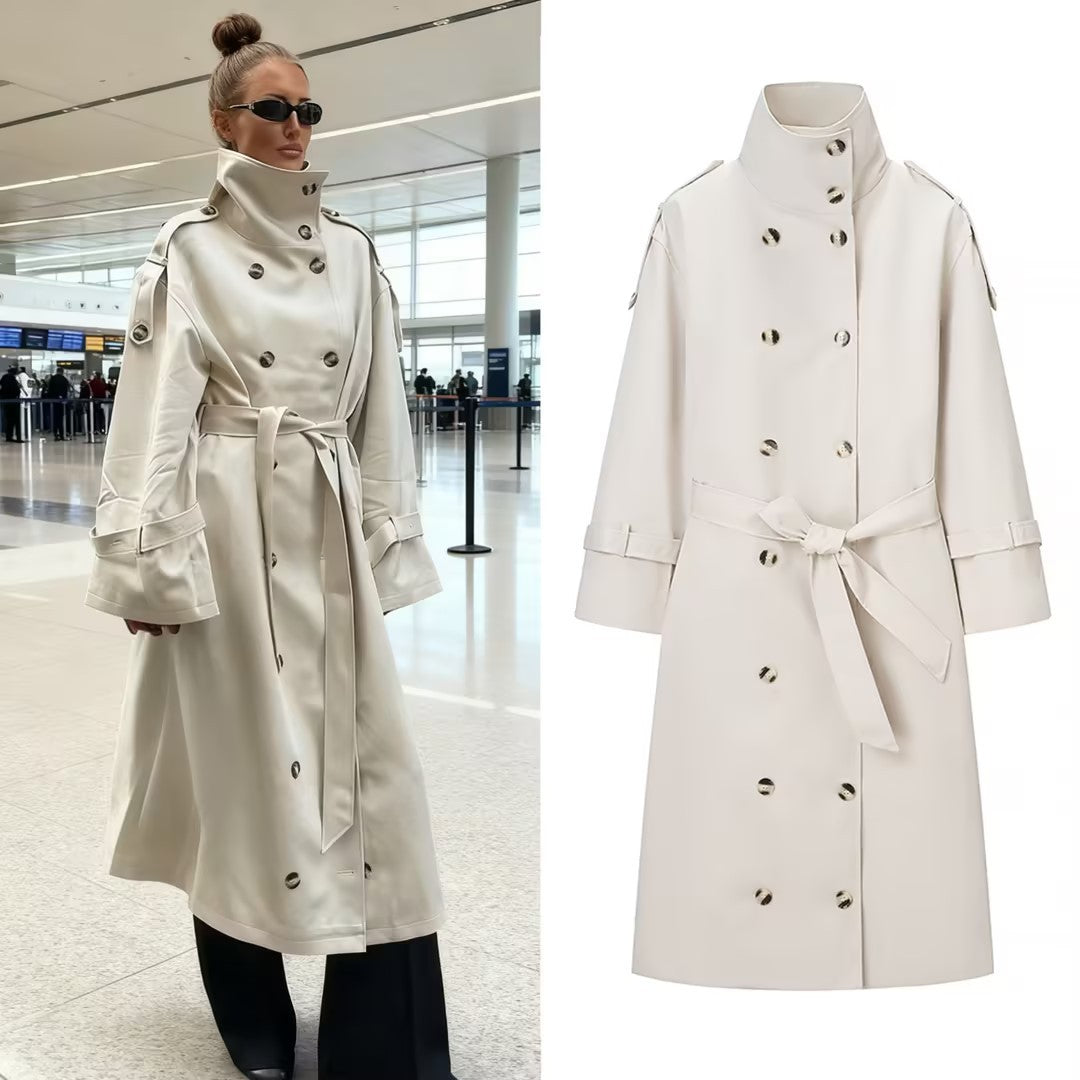 Damen Langer doppeltgereihter Trenchcoat mit hohem Stehkragen und Taillengürtel Shop Nory