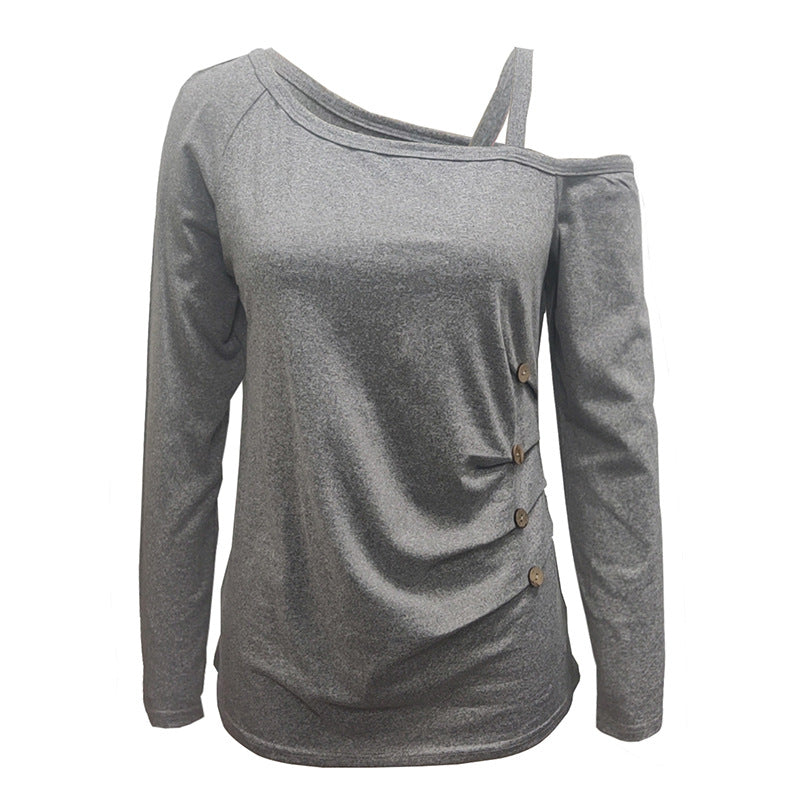Damen asymmetrisches Langarmshirt mit One-Shoulder, Raffung und Zierknöpfen Shop Nory