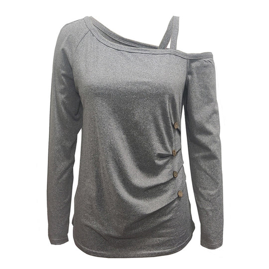 Damen asymmetrisches Langarmshirt mit One-Shoulder, Raffung und Zierknöpfen Shop Nory