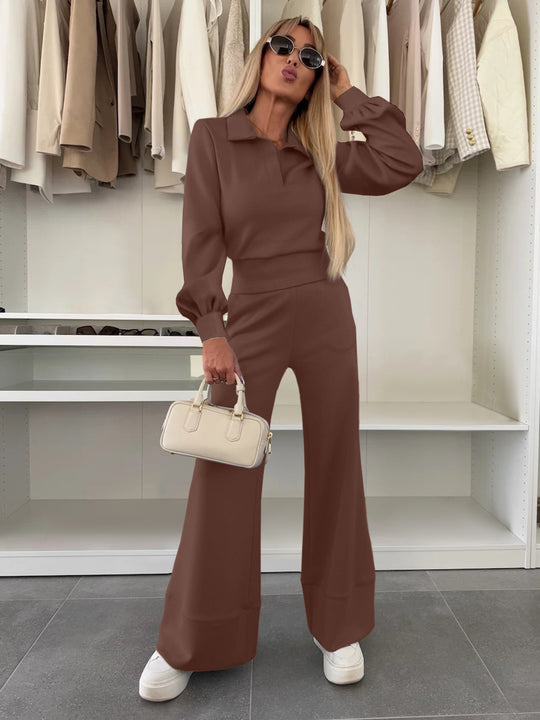 Damen Zweiteiliges Lounge-Set mit Polokragen und taillenhoher Palazzohose Shop Nory