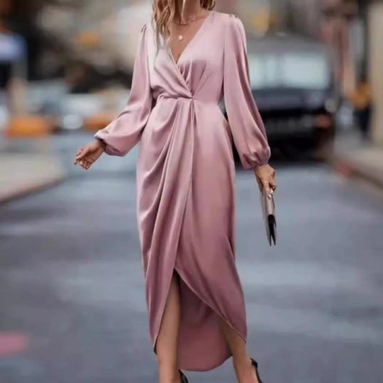 Damen nan elegantes Satin-Midikleid mit Twist-Taille V-Ausschnitt und Ballonärmeln
