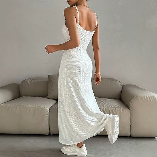 Damen Maxikleid mit zarten Trägern und raffinierter Rippstruktur