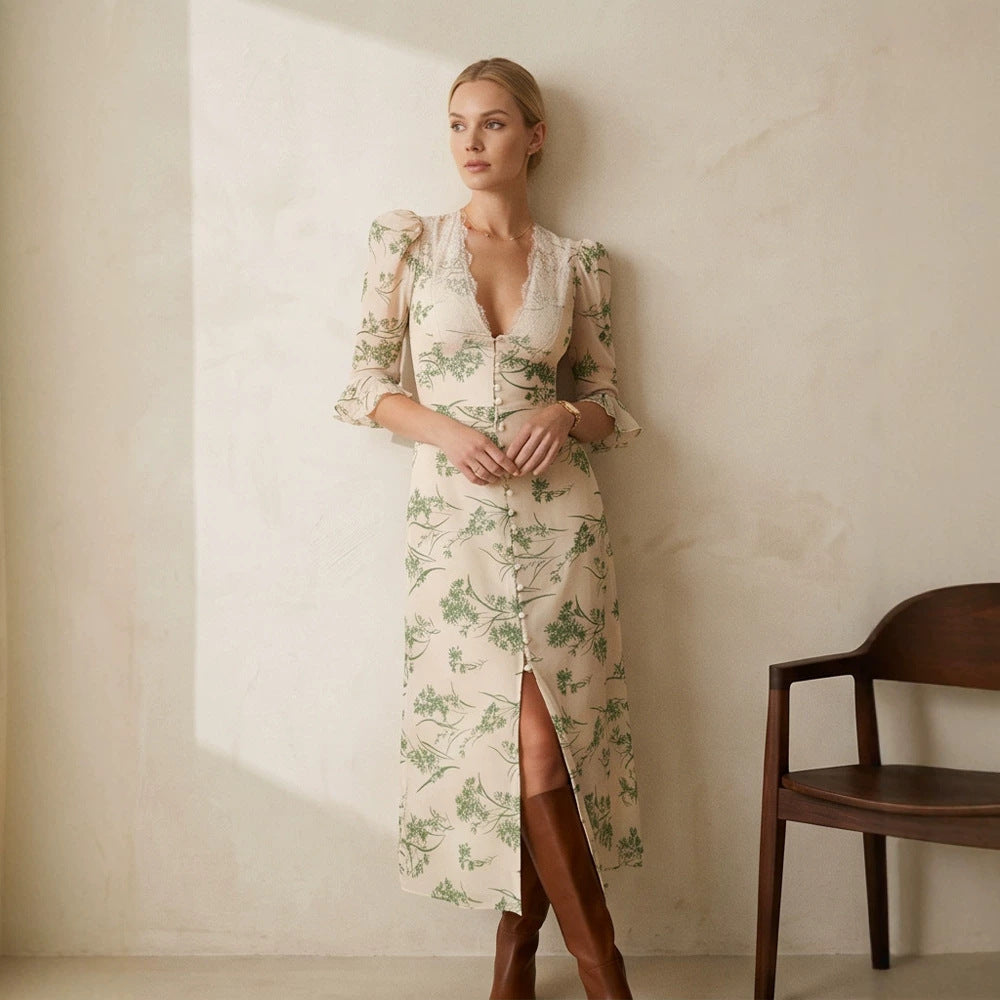 Damen Florales Midikleid mit Spitzen‑V‑Ausschnitt, figurbetonter Taillennaht und Perlenknopfleiste Shop Nory