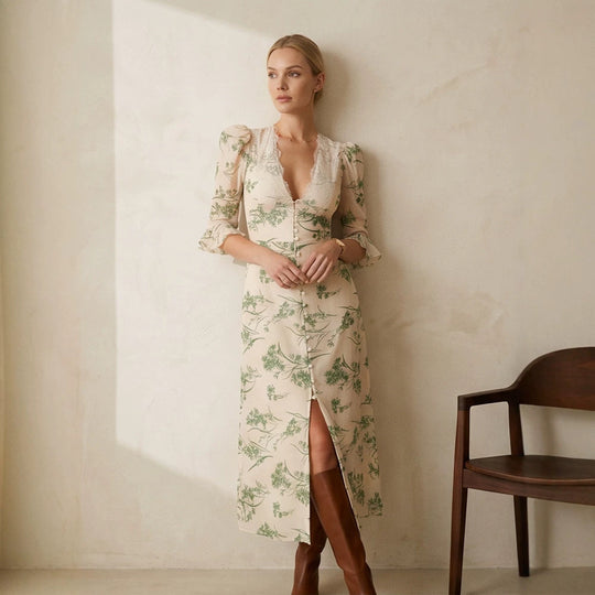 Damen Florales Midikleid mit Spitzen‑V‑Ausschnitt, figurbetonter Taillennaht und Perlenknopfleiste Shop Nory