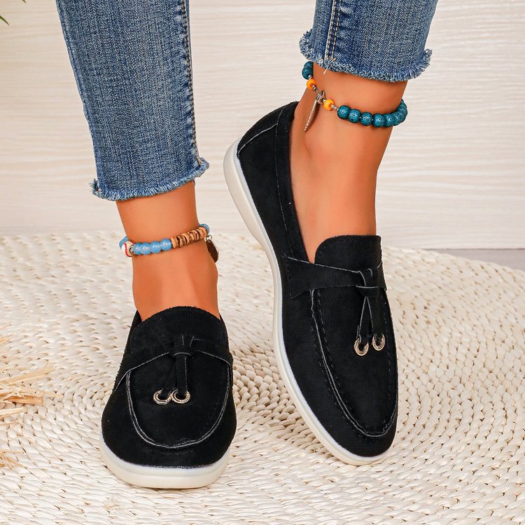 Damen Slipper-Loafer aus Velourslederoptik mit dekorativem Knotenriemen und leicht profilierter Gummisohle Shop Nory