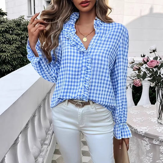 Damen nan karierte Rüschenbluse mit Stehkragen, verdeckter Knopfleiste und Glockenärmeln Shop Nory