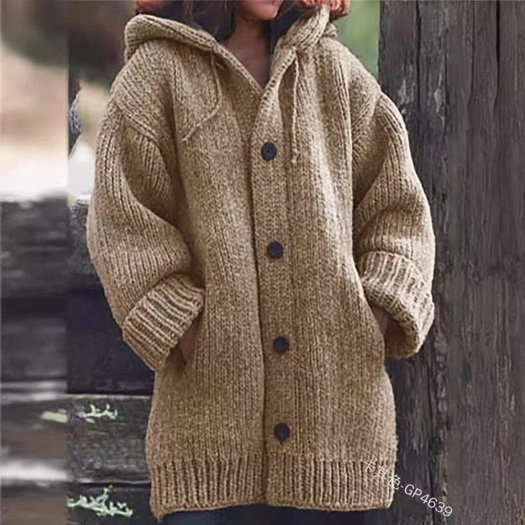 Damen weit geschnittener Kapuzen-Strickmantel mit Knopfleiste und Eingrifftaschen Shop Nory